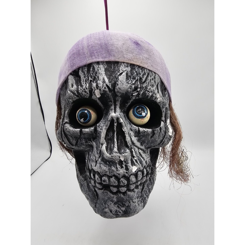 Vintage‎ Hanging Skull Styrofoam Pirate Purple Cap Bulging Eyes Halloween Prop